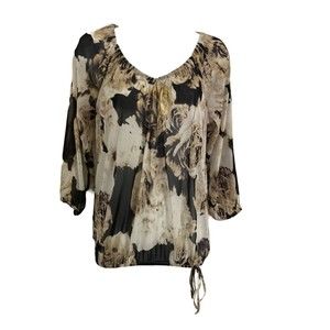 INC International Concepts Womens Size S Floral 3/4 Sleeve Top V-Neck Sheer